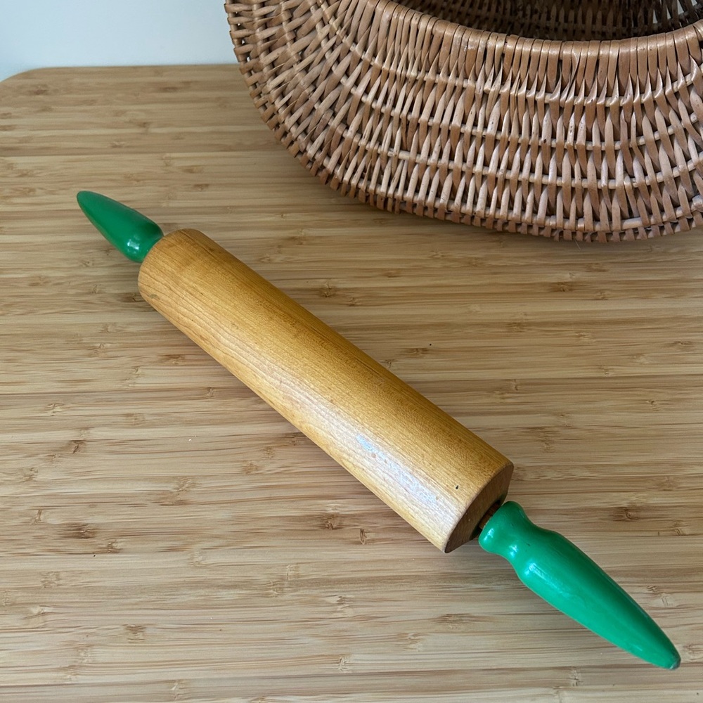 Vintage Wooden Rolling Pin with Green Handles